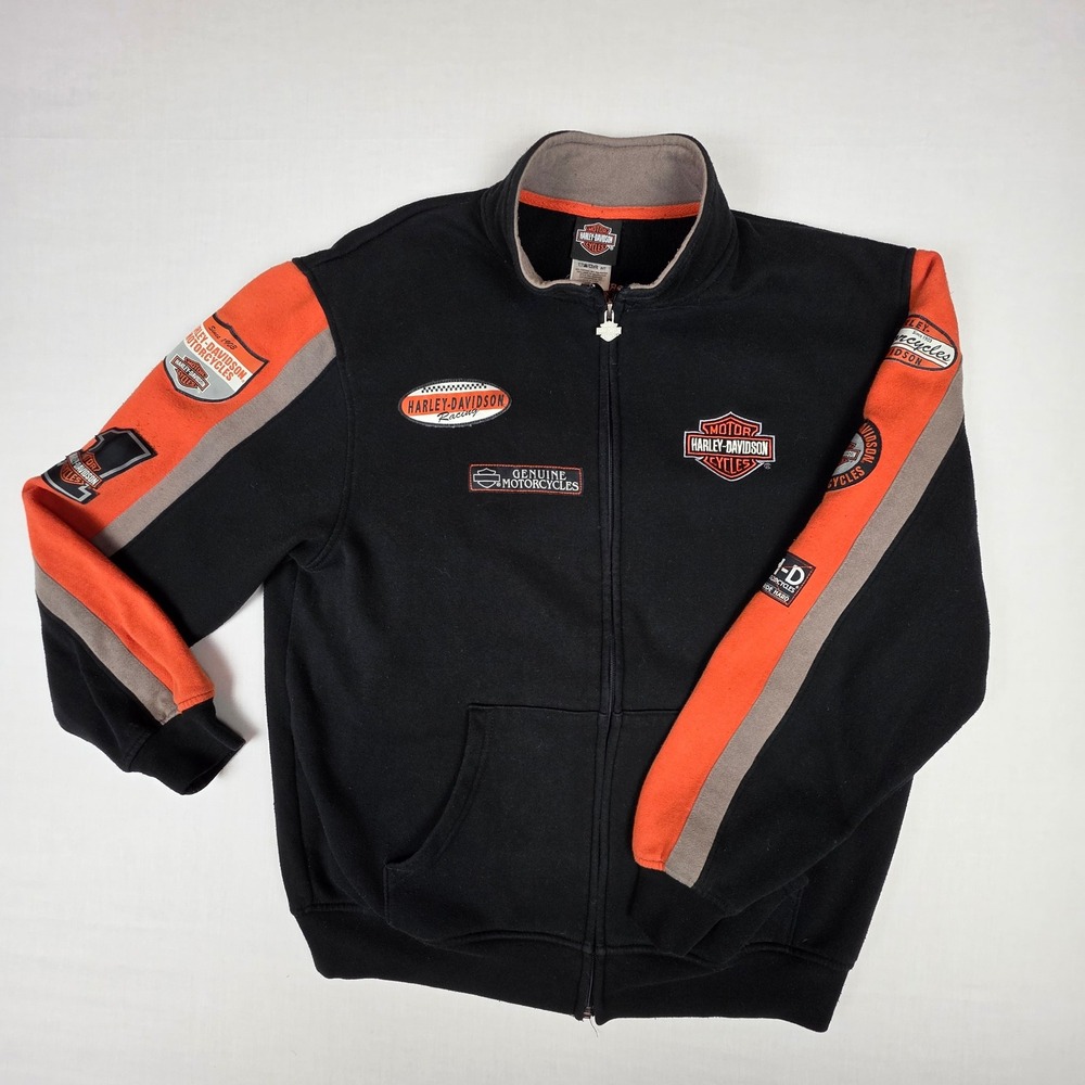 VTG Harley-Davidson Racing Full Zip Sweatshirt Mens Med Black Orange Patches Y2K